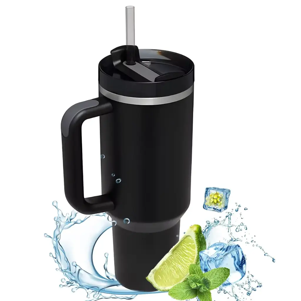 Nouveau mug isotherme 40 oz en acier inoxydable – Design élégant avec poignée et couvercle à paille, isolation sous vide double paroi pour garder vos boissons chaudes ou glacées plus longtemps. Parfait pour vos déplacements !